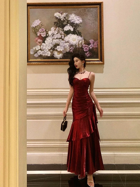 Wine Red Mermaid Straps Satin Chic Party Dress, Wine Red Satin Prom Dress Evening Dress