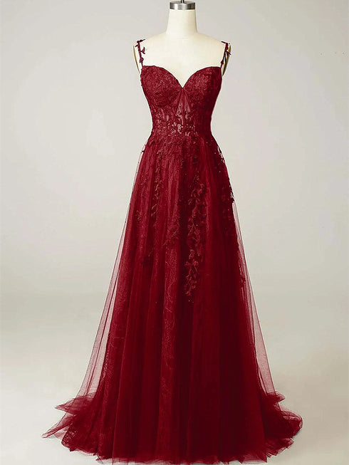 A-line Tulle Sweetheart Beaded Long Party Dress, Tulle Floor Length Prom Dress