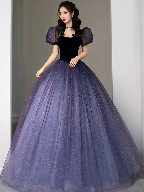 Purple Short Sleeves Tulle A-line Long Party Dress, Purple Tulle Prom Dress Evening Dress