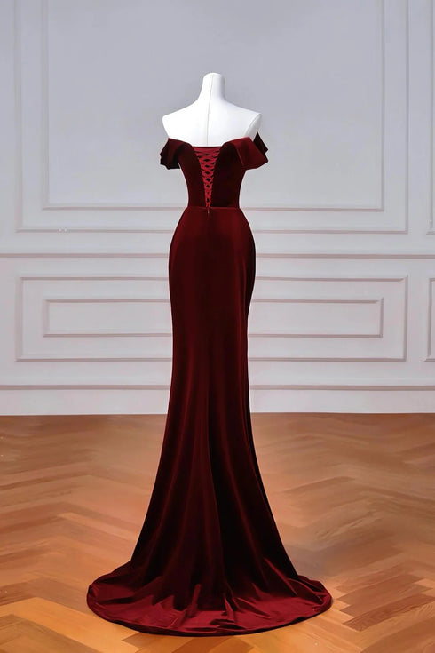 Wine Red Velvet Mermaid Off Shoulder Evening Dress, Wine Red Velvet Prom Dress