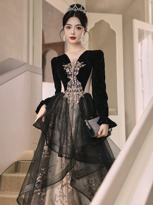 A-line Black Tulle with Lace Applique Party Dress, Black Velvet Long Sleeves Prom Dress