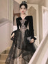 A-line Black Tulle with Lace Applique Party Dress, Black Velvet Long Sleeves Prom Dress