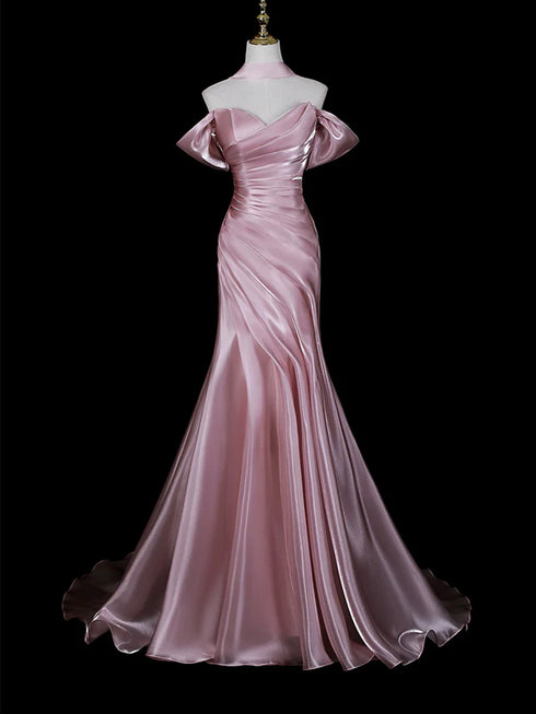 Elegant Pink Satin Off Shoulder Mermaid Party Gown, Pink Long Formal Dress Evening Dress