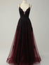 Black and Red Gothic V-neckline Tulle Prom Dress with Lace Applique, Straps Gothic Long Party Dress