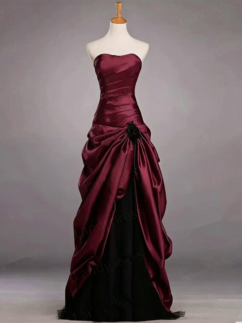 Wine Red Strapless A-line Long Evening Dress with Black Tulle, Wine Red Satin Sweet 16 Dress