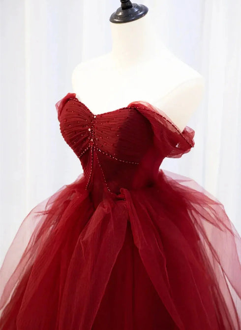 Wine Red Sweetheart Tulle Beaded Long Party Dress, Wine Red Tulle Prom Dress