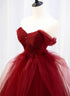 Wine Red Sweetheart Tulle Beaded Long Party Dress, Wine Red Tulle Prom Dress