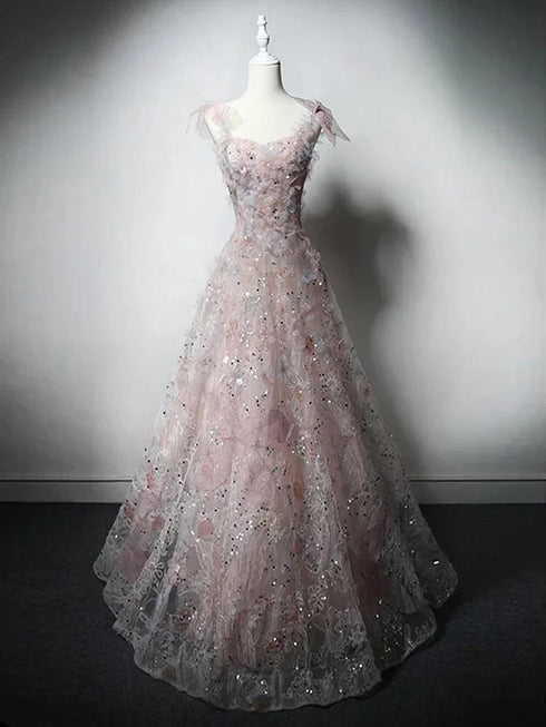 Chic Pink A-line Floral Tulle Straps Floor Length Prom Dress, Pink Sweetheart Evening Dress