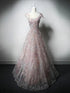 Chic Pink A-line Floral Tulle Straps Floor Length Prom Dress, Pink Sweetheart Evening Dress