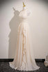 Light Champagne Halter Beaded A-line Prom Dress, Light Champagne Floor Length Party Dress