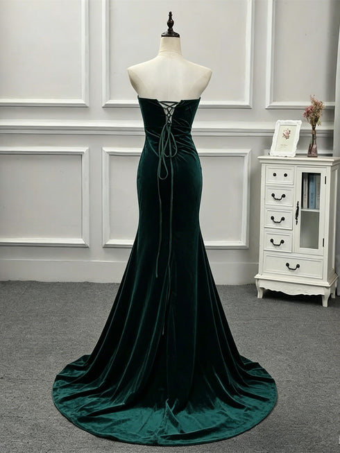 Elegant Velvet Green Mermaid Strapless Long Formal Dress, Green Wedding Party Dress