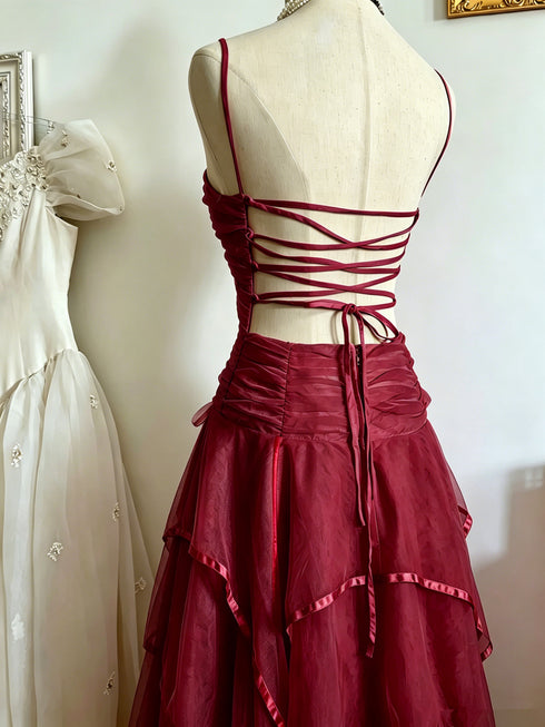 Burgundy Spaghetti Strap Prom Dress, Tiered Ruffle Tulle Evening Gown Wedding Party Dress