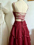 Burgundy Spaghetti Strap Prom Dress, Tiered Ruffle Tulle Evening Gown Wedding Party Dress