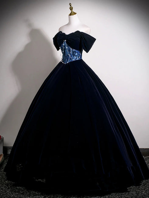 Navy Blue Velvet Off Shoulder Floor Length Party Dress, Navy Blue Lace Long Prom Dress