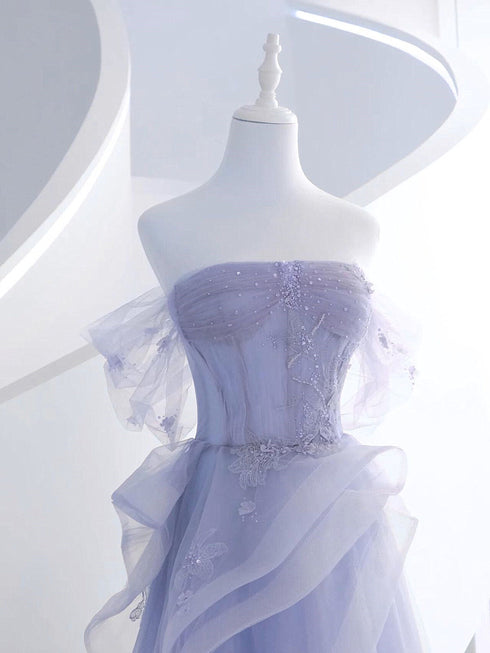 Light Purple Tulle with Lace Off Shoulder Formal Dress, Light Purple Tulle Prom Dress