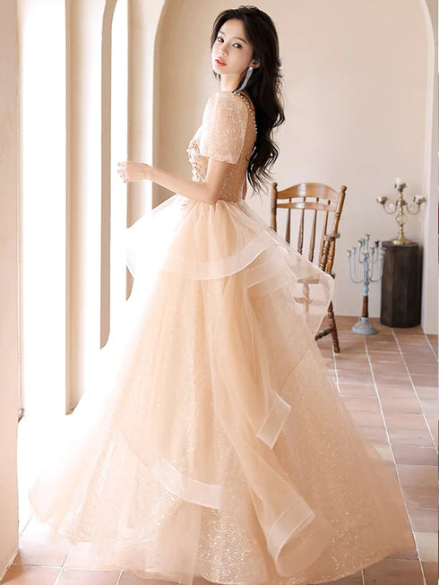 A-Line Champagne Short Sleeves Tulle With Lace Party Dress, Champagne Long Prom Dress