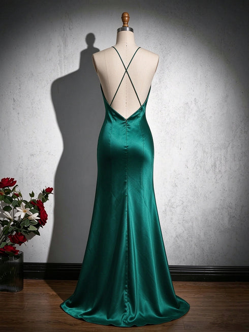 Green V-Neck OpenBack Satin Slit Prom Dress, Elegance Satin Floor Length Evening Gown