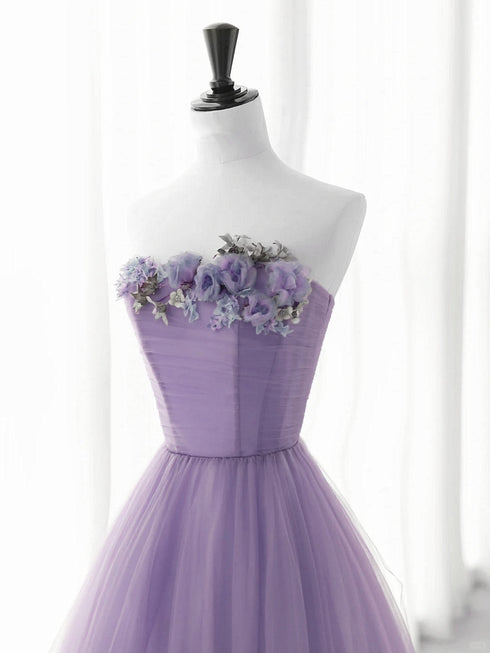 Light Purple A-line Tulle with Flowers Party Dress, Purple Tulle Prom Dress