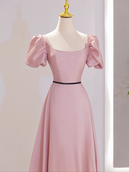 Pink A-line Short Sleeves Floor Length Party Dress, Pink Satin Prom Dress