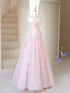 Pink Strapless A-line Sweetheart Tulle with Lace, A-line Pink Lovely Prom Dress Evening Dress