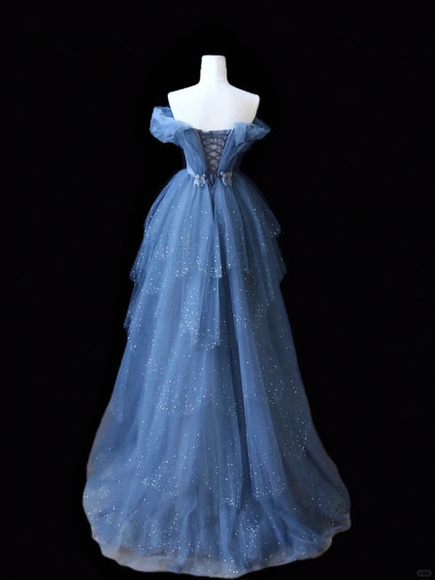 Glam Blue Layers Beaded Off Shoulder Prom Dress, Blue Tulle Long Evening Dress