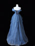 Glam Blue Layers Beaded Off Shoulder Prom Dress, Blue Tulle Long Evening Dress