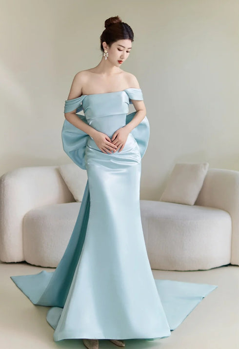Blue Satin Off Shoulder Mermaid Long Formal Dress with Bow, Blue Long Prom Dress