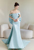 Blue Satin Off Shoulder Mermaid Long Formal Dress with Bow, Blue Long Prom Dress
