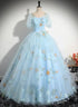 Beautiful Blue Tulle Short Sleeves Sweet 16 Dress with Bow, Blue Formal Gown