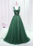 A-line Green Sweetheart Beaded Tulle Prom Dress, Green Tulle Long Evening Dress