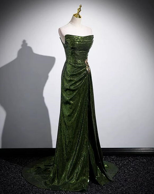 Green Sequins Long Mermaid Prom Dress, Green Lace-up Party Dress with Slit