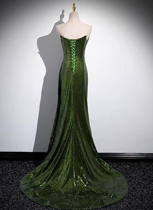 Green Sequins Long Mermaid Prom Dress, Green Lace-up Party Dress with Slit