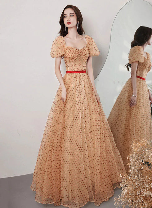 Champagne A-line Short Sleeves Prom Dress, Champagne Tulle Evening Dress