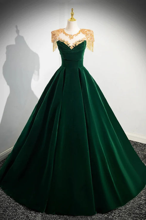 Dark Green Velvet A-line Long Prom Dress, Dark Green Evening Party Dress