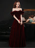 Off Shoulder Wine Red Velvet A-line Party Dress, Wine Red Prom Dress