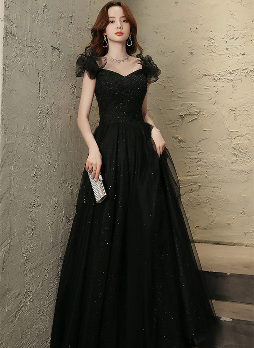 Black Tulle Sweetheart Long Party Dress, Black Beaded Tulle Formal Dre