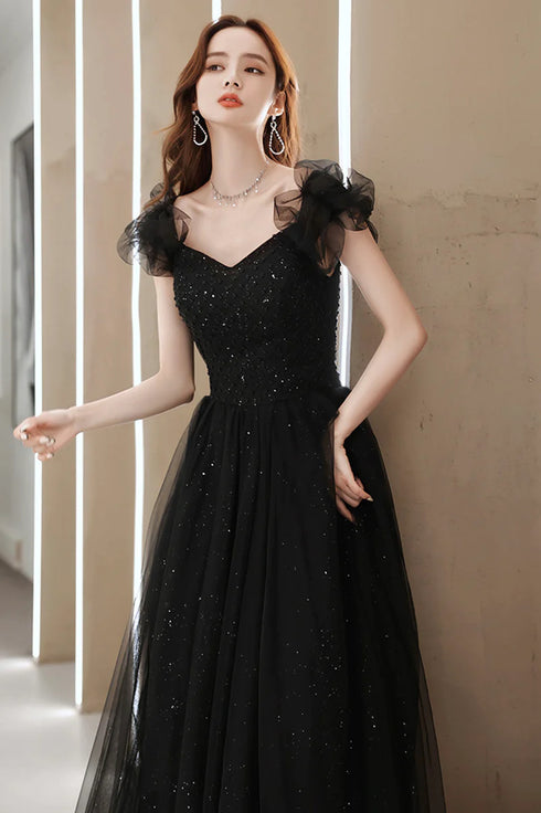 Black Tulle Sweetheart Long Party Dress, Black Beaded Tulle Formal Dress Prom Dress
