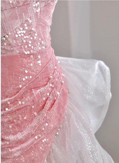 Chic Pink High Low Mermaid Off Shoulder Prom Dress, Pink Homecoming Dress