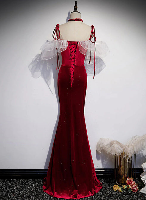 Beautiful Wine Red Velvet Mermaid Long Party Dress, Wine Red Prom Dress