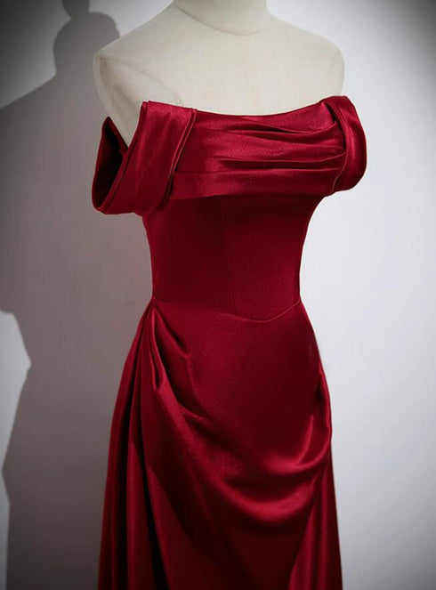 Wine Red Satin Off Shoulder Long Party Dress, A-line Satin Prom Dress