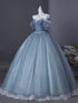 Light Blue Tulle Short Sleeves Long Prom Dress with Lace, Light Blue Shiny Floor Length Formal Gowns