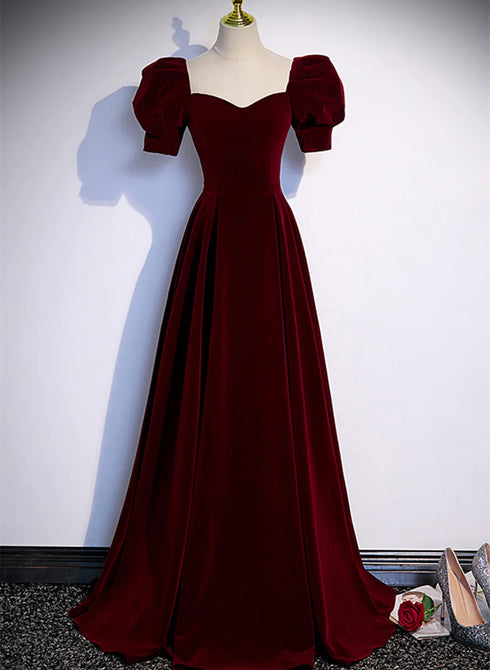 Wine Red A-line Short Sleeves Long Simple Party Dress, Wine Red Velvet Prom Dress