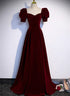 Wine Red A-line Short Sleeves Long Simple Party Dress, Wine Red Velvet Prom Dress