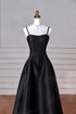 Black A-Line Straps Satin Long Party Dress, Black Long Prom Dress Evening Dress