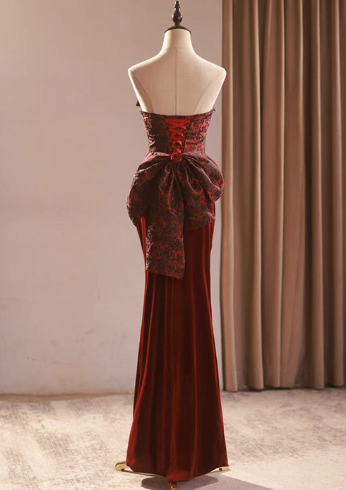 Wine Red Velvet and Lace Mermaid Party Dress, Wine Red Mermaid Prom Dress