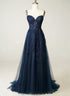 A-line Navy Blue Tulle Straps with Lace Prom Dress, Navy Blue Tulle Evening Dress