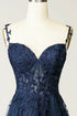 A-line Navy Blue Tulle Straps with Lace Prom Dress, Navy Blue Tulle Evening Dress