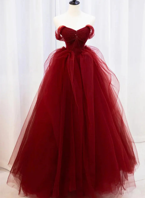 Wine Red Sweetheart Tulle Beaded Long Party Dress, Wine Red Tulle Prom Dress