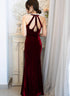 Wine Red Velvet Mermaid Beaded Long Party Dress, Wine Red Prom Dress