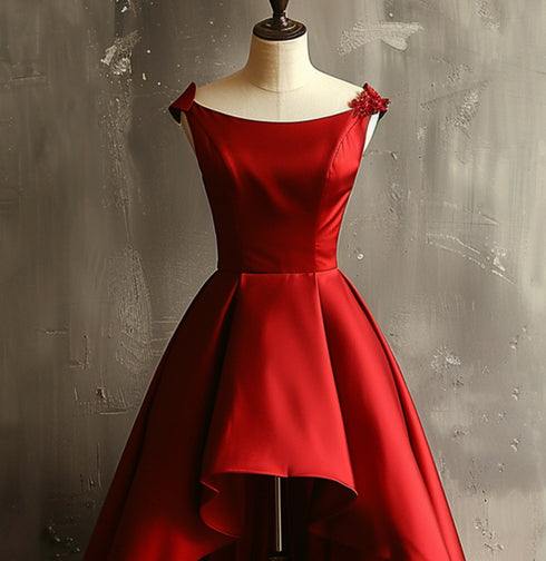 Cute Satin Wine Red High Low Round Neckline Party Dress, Wine Red Homecoming Dress